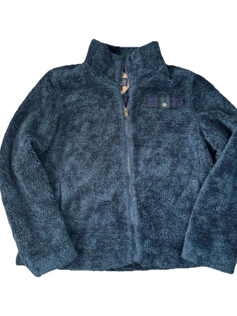 Pendleton Sherpa Fuzzy Fleece Zip Up Coat Jacket Plaid Trim Dark Blue Womens XL